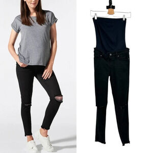 Blanqi Denim Maternity Belly Support Skinny Jeans Black Knee Slit Wash Size‎ 2